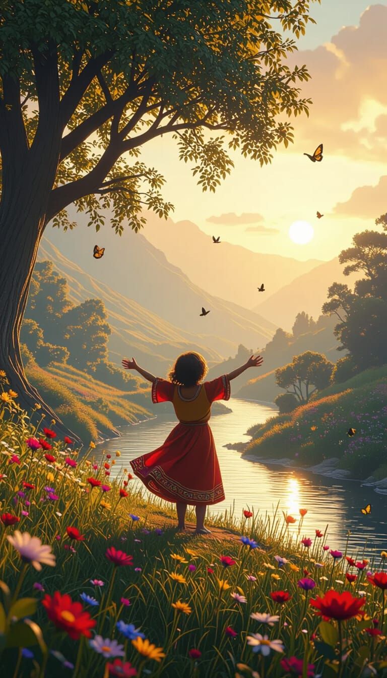 Child Spinning on Hill in Golden Light