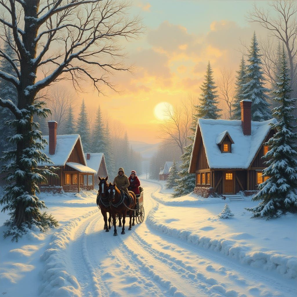 Snowy Village Sleigh Ride in Painterly Style