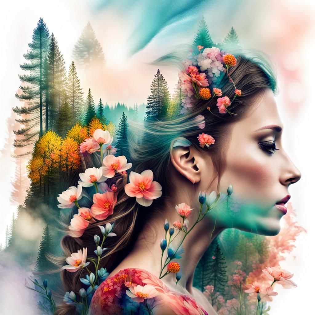 Woman's Profile Merged with Spring Flowers