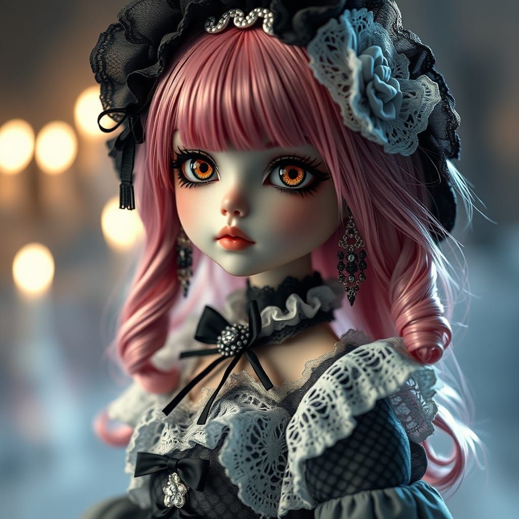 Gothic Kawaii BJD Doll in Hyperrealistic Portraiture