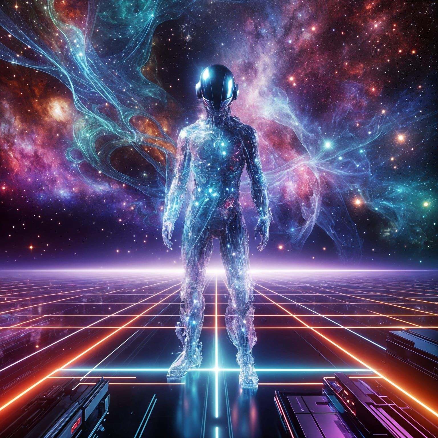 Spectral Humanoid in Vaporwave Cubism Style