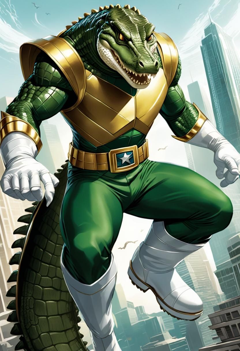 Colossal Crocodile Superhero in Flooded City