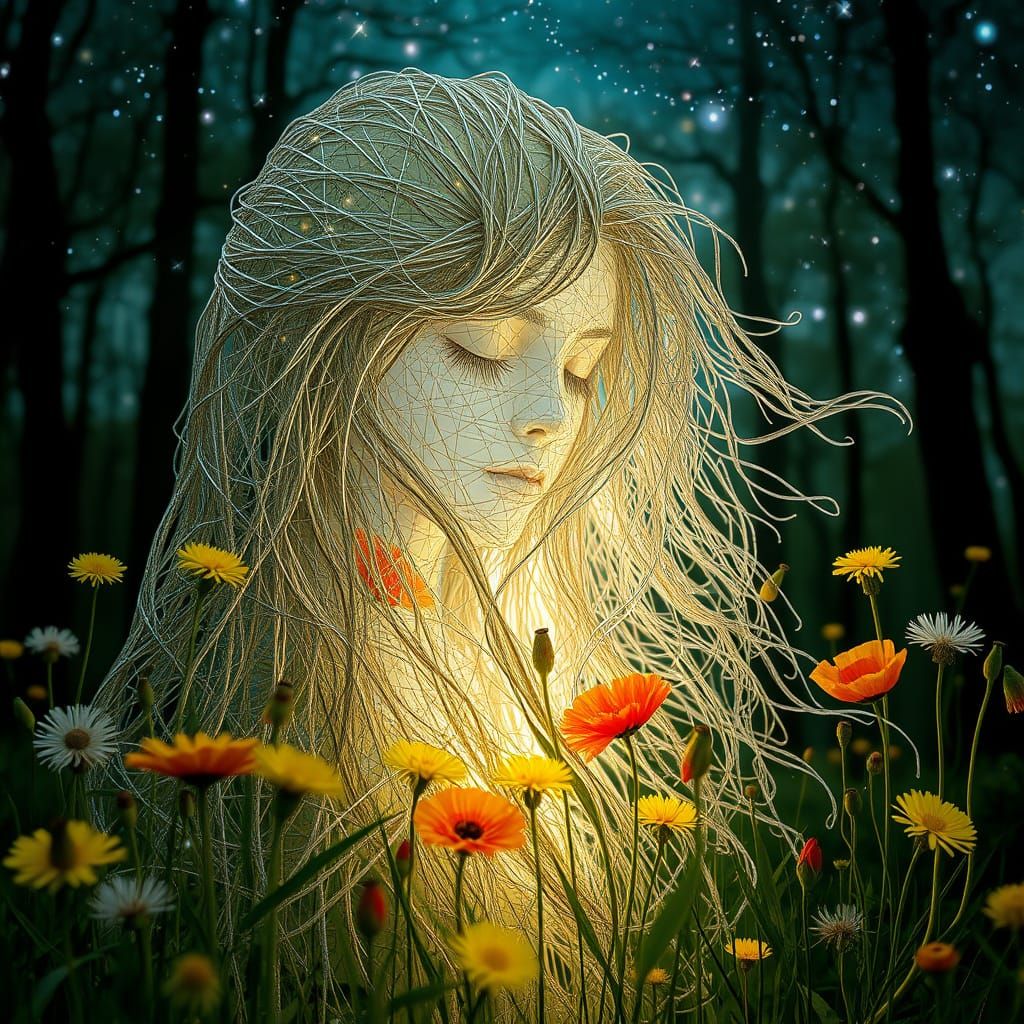 Ethereal Woman Woven from Strings in Garden