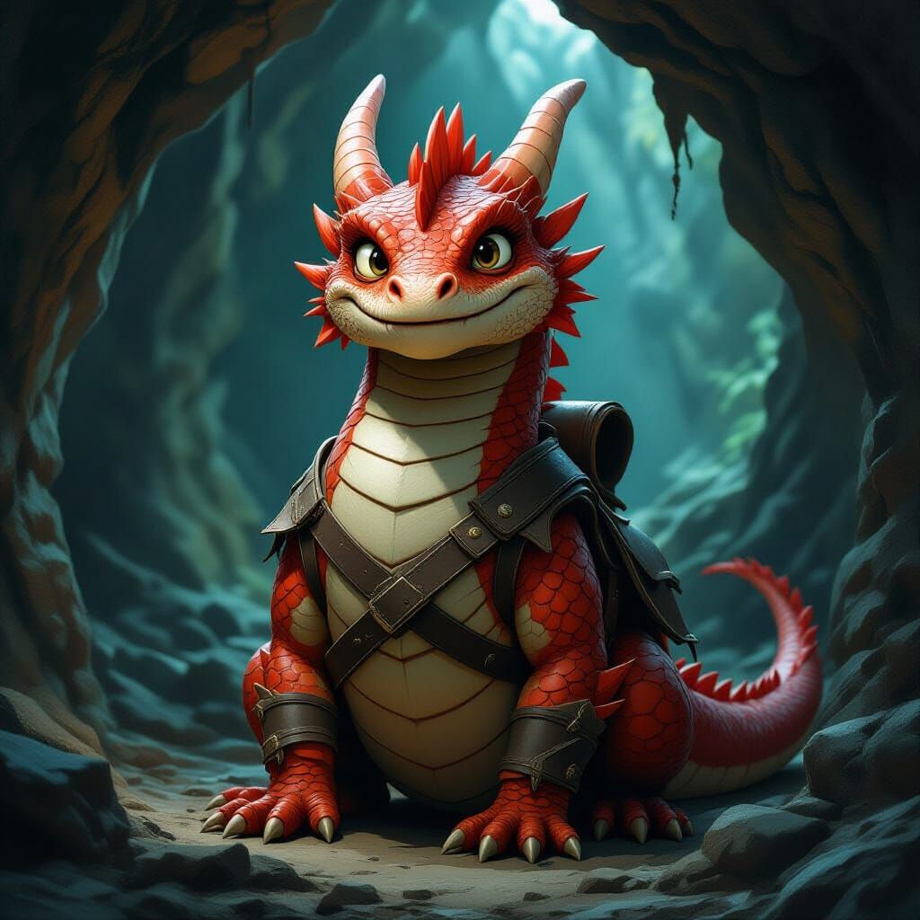Friendly Red Dragon in Cave, Photorealistic Render