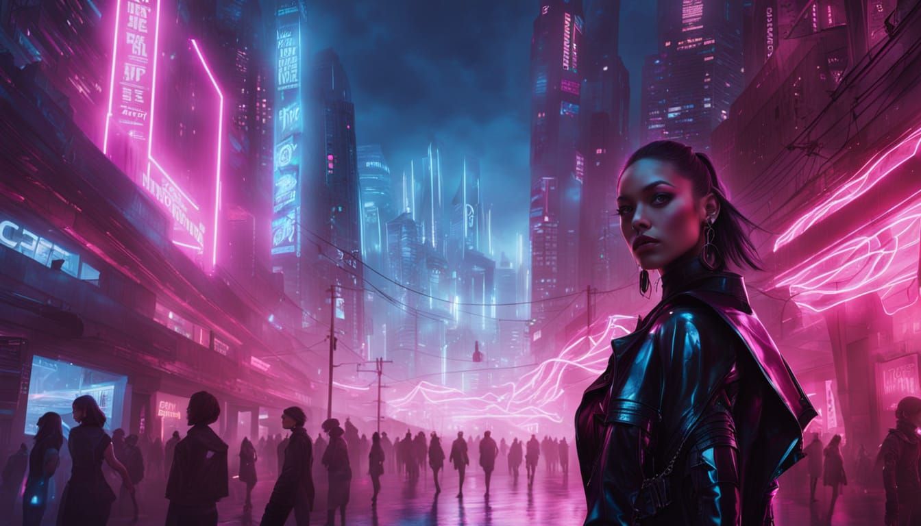 Cyberpunk City Street with Luminous Doll in Couture
