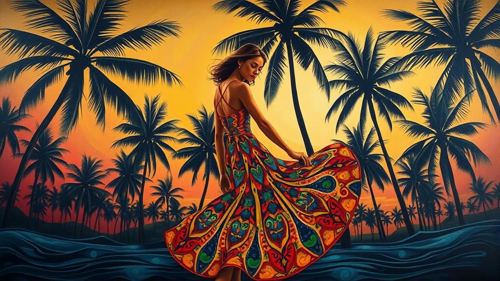 Dreamlike Woman in Golden Light Among Palm Trees