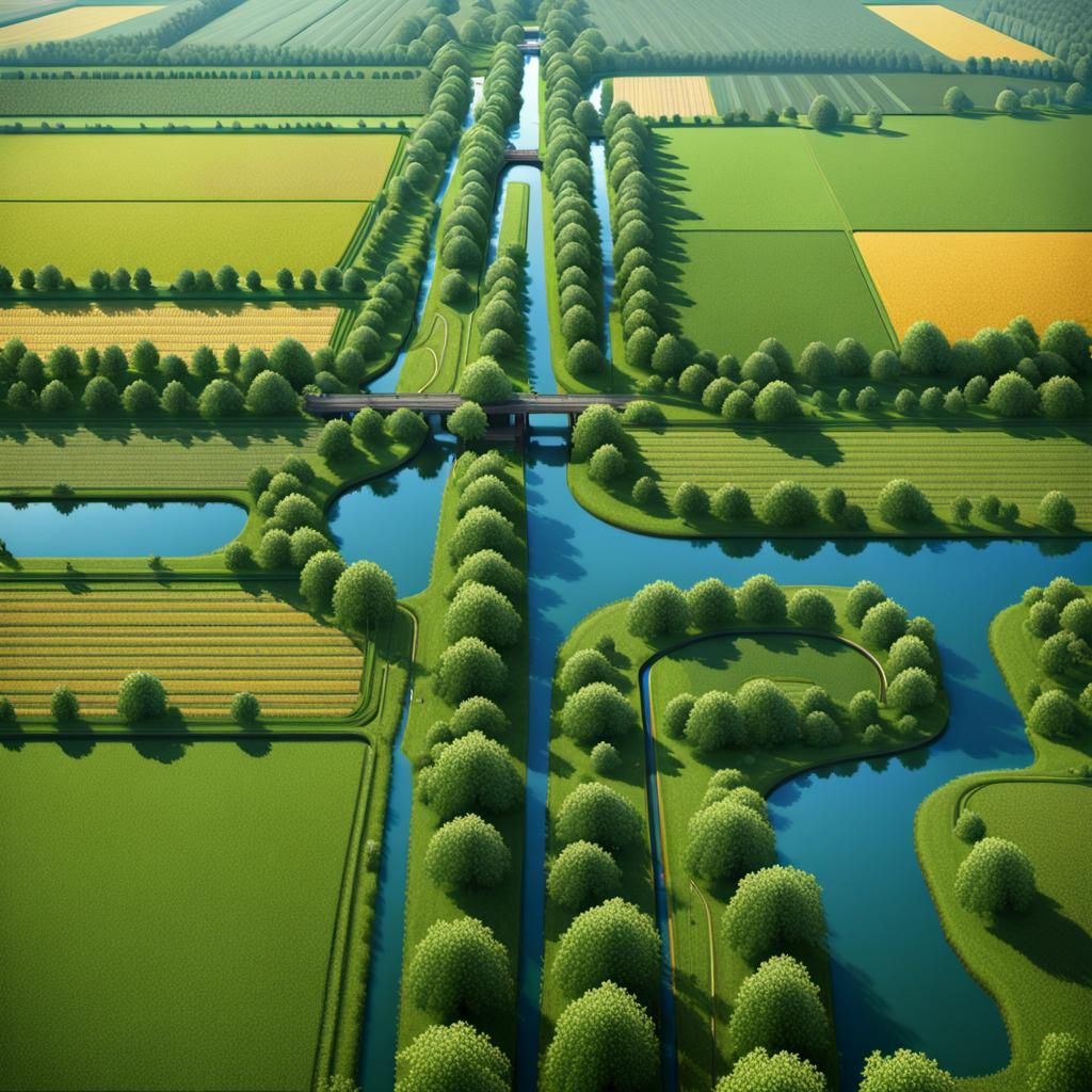 Symmetrical Farm Landscape in Cubist Style