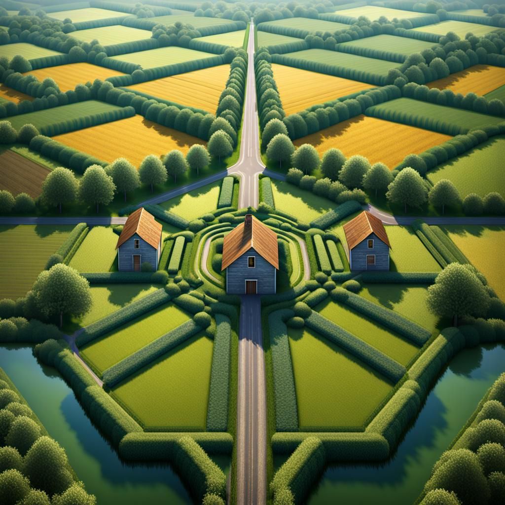 Symmetrical Farm Landscape in Cubist Style