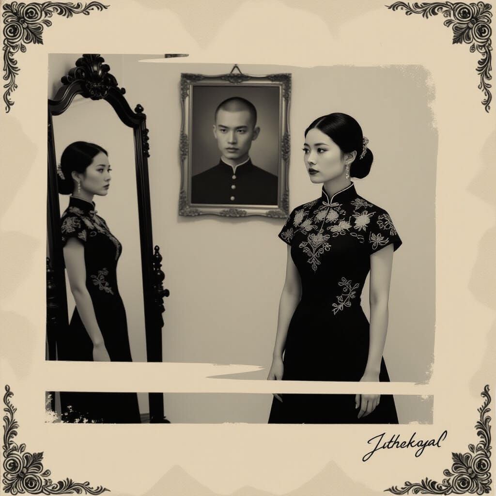 Melancholic Bride in Qipao Wedding Dress, Pre-Raphaelite Sty...