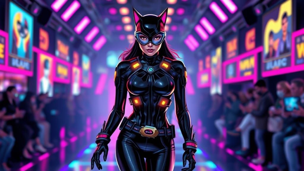 Futuristic Catwoman on Holographic Runway in Comic Book Styl...
