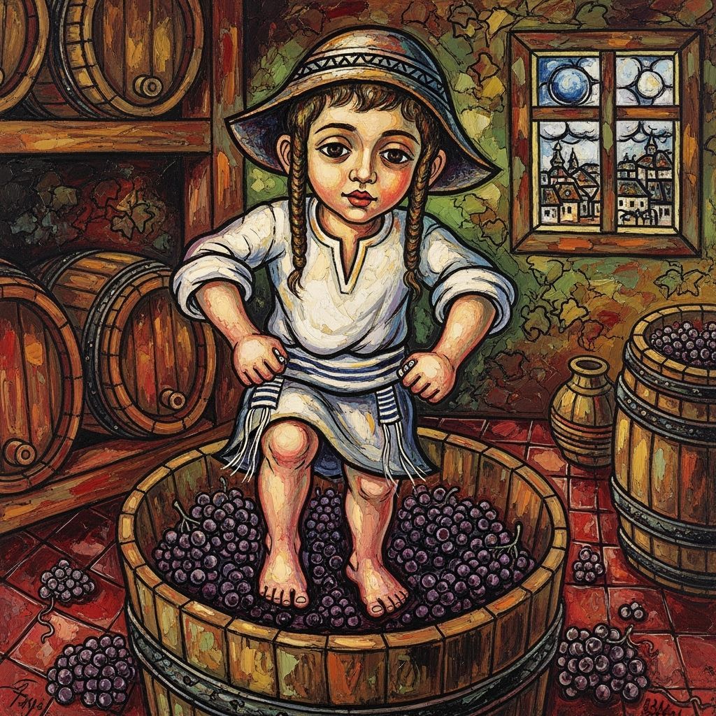 Jewish Boy Squeezing Grapes in Rustic Folk Art Style