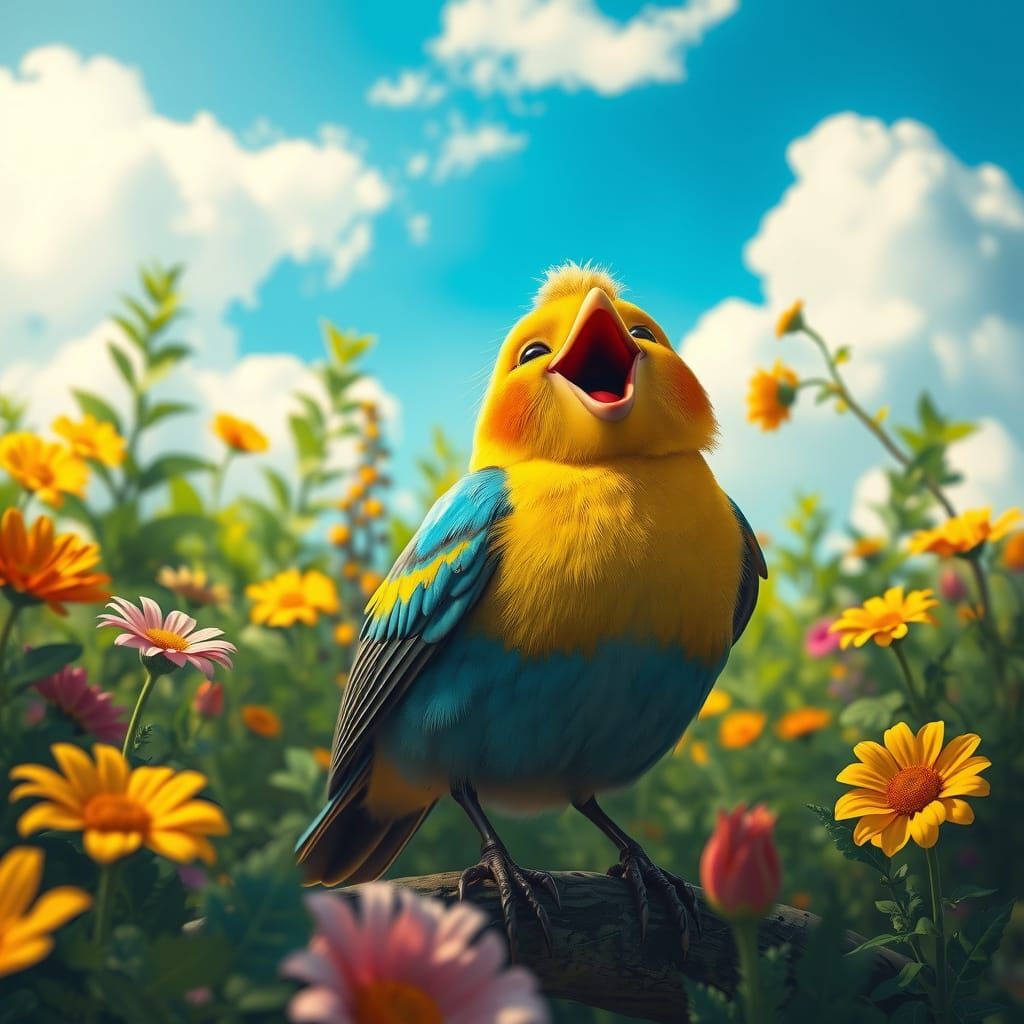 Happy Bird Singing in a Vibrant Garden
