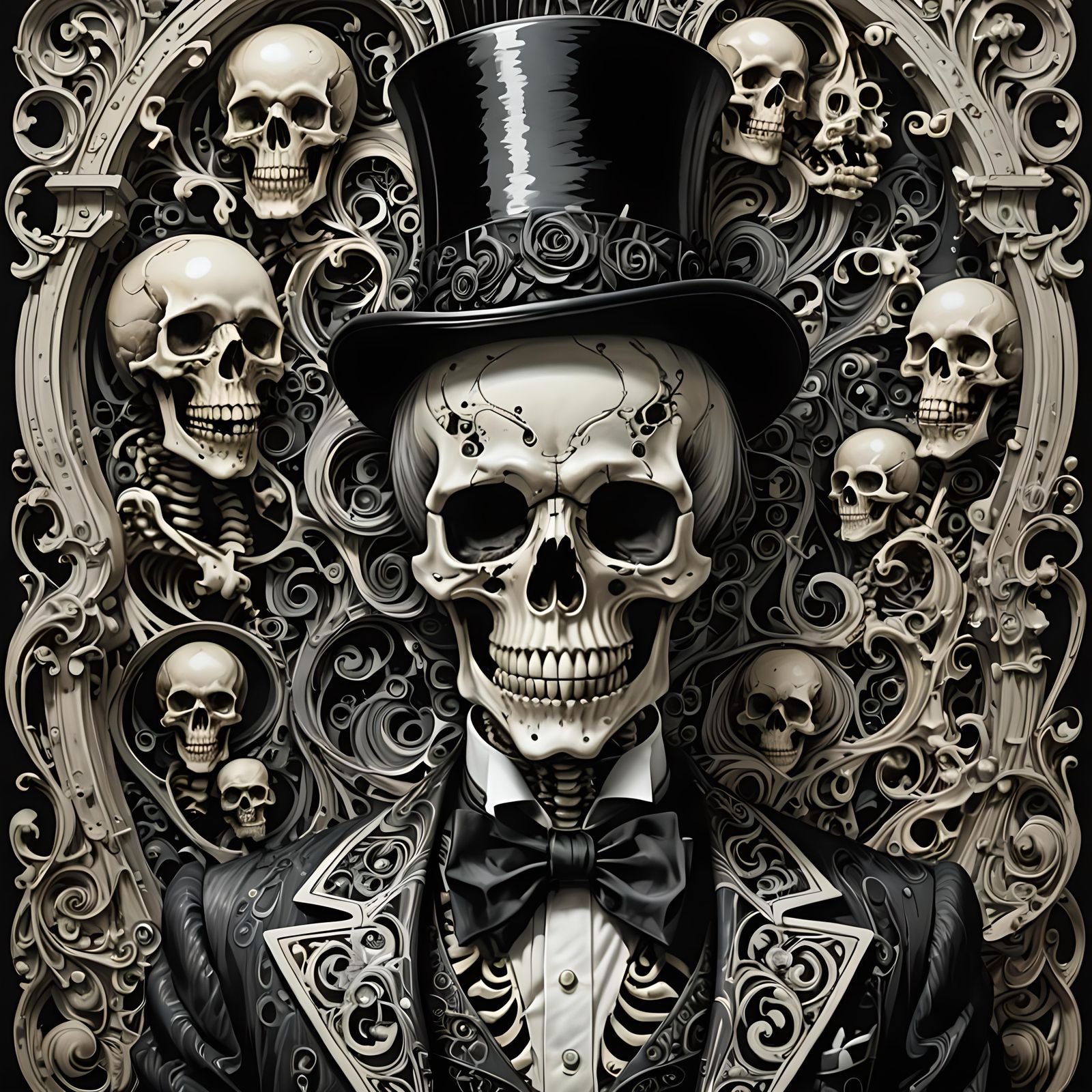 Monochrome Skeleton in Top Hat, Gothic Horror Illustration