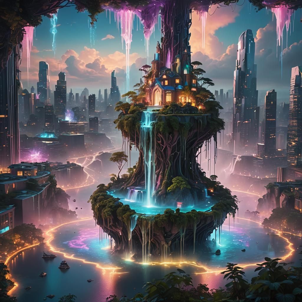Floating Island Cityscape in Surreal-Futuristic Style