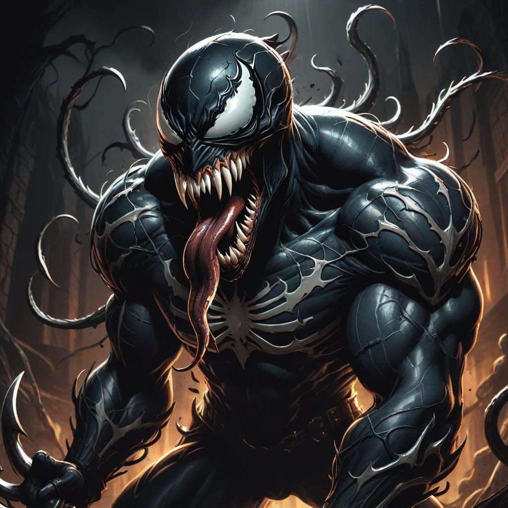 Venom Attacks Knight in Dark Fantasy Comic Style