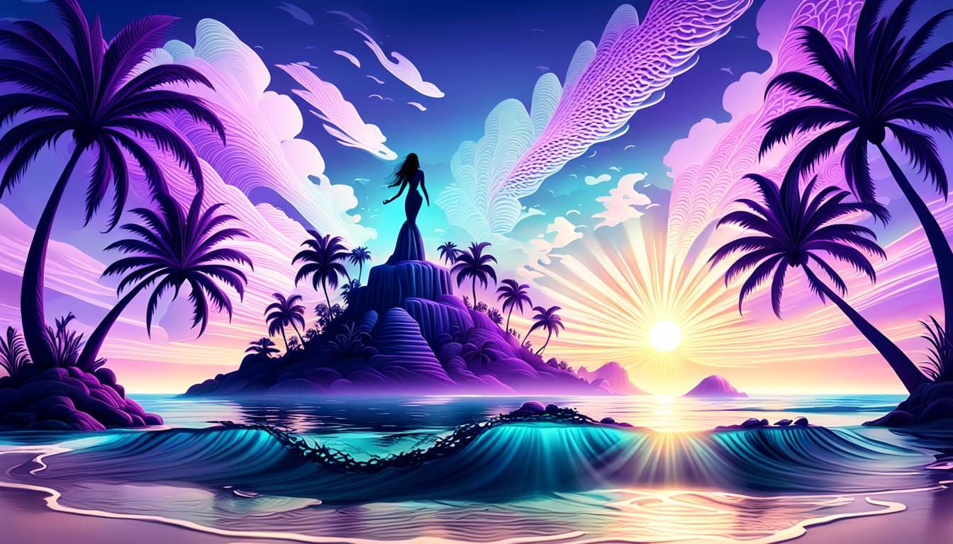 Abstract Seascape with Mermaid in Op Art Style