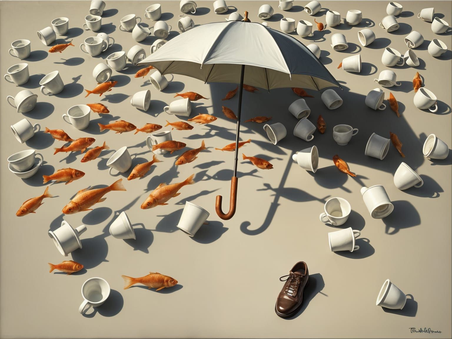 Surreal Composition of Fish, Umbrella, Teacup, and Shoe