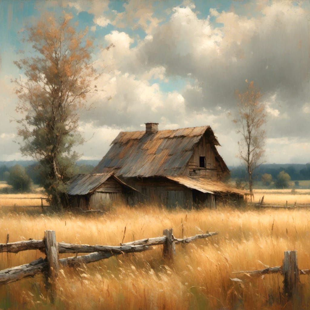 Impressionistic Rural Landscape with Golden Field