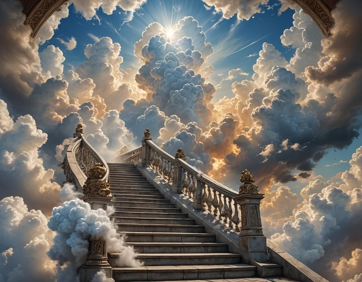 Angelic Figures Ascending Heavenly Stairs