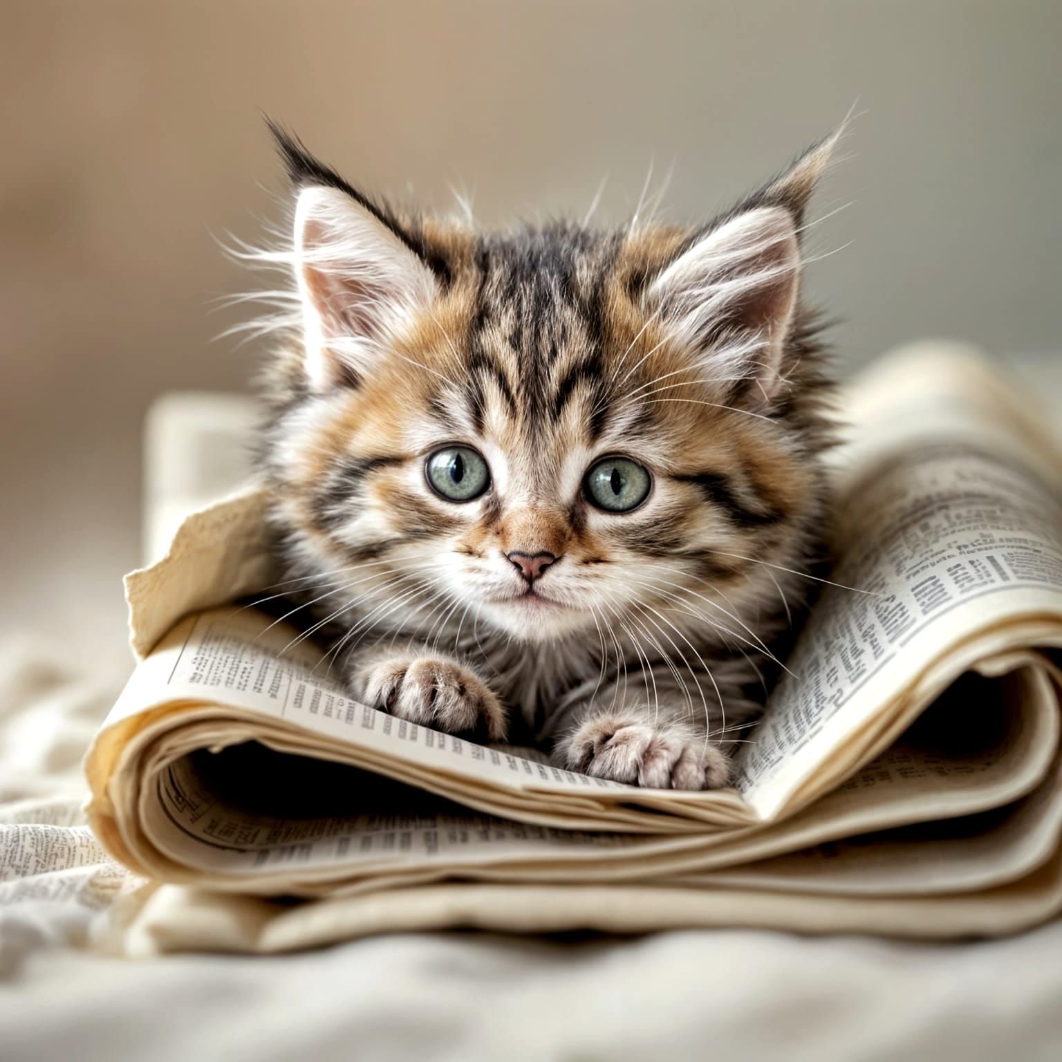 Curious Kitten Peeking From Rolled Newspaper