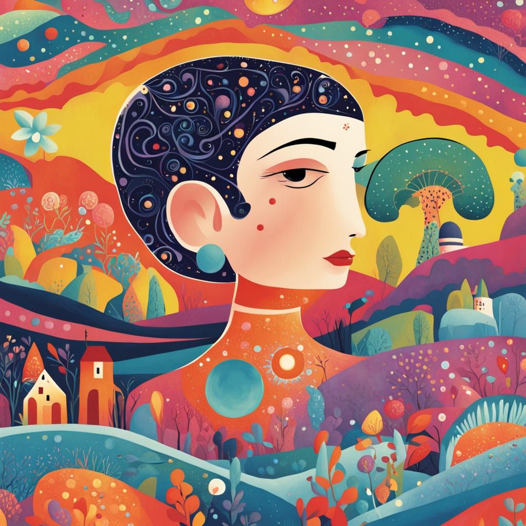 Whimsical Head in Vibrant, Flowing Landscape Illustration