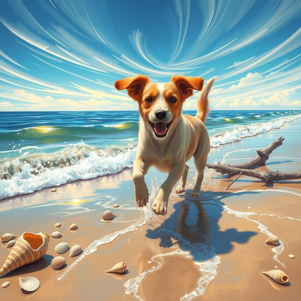 Dog's Joyful Run on a Summer Shoreline