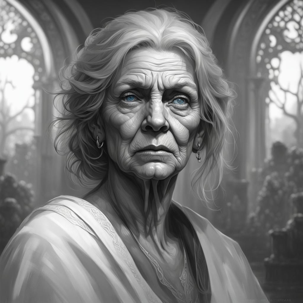 Severe Blue-Eyed Grandmother: Hyperdetailed Portrait