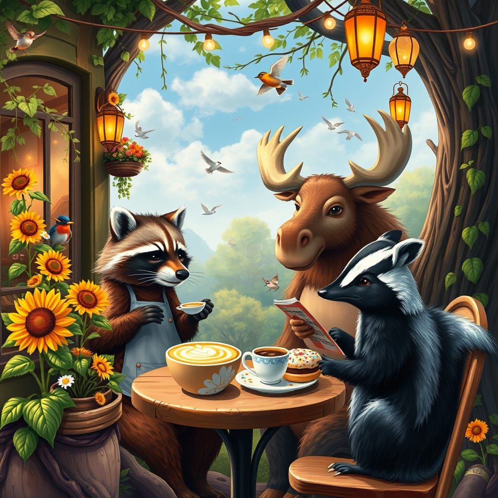 Vibrant outdoor café amidst a whimsical forest.🦝🌻🦌