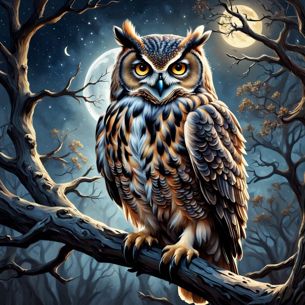Majestic Owl on Ancient Oak in Oil Painting Style
