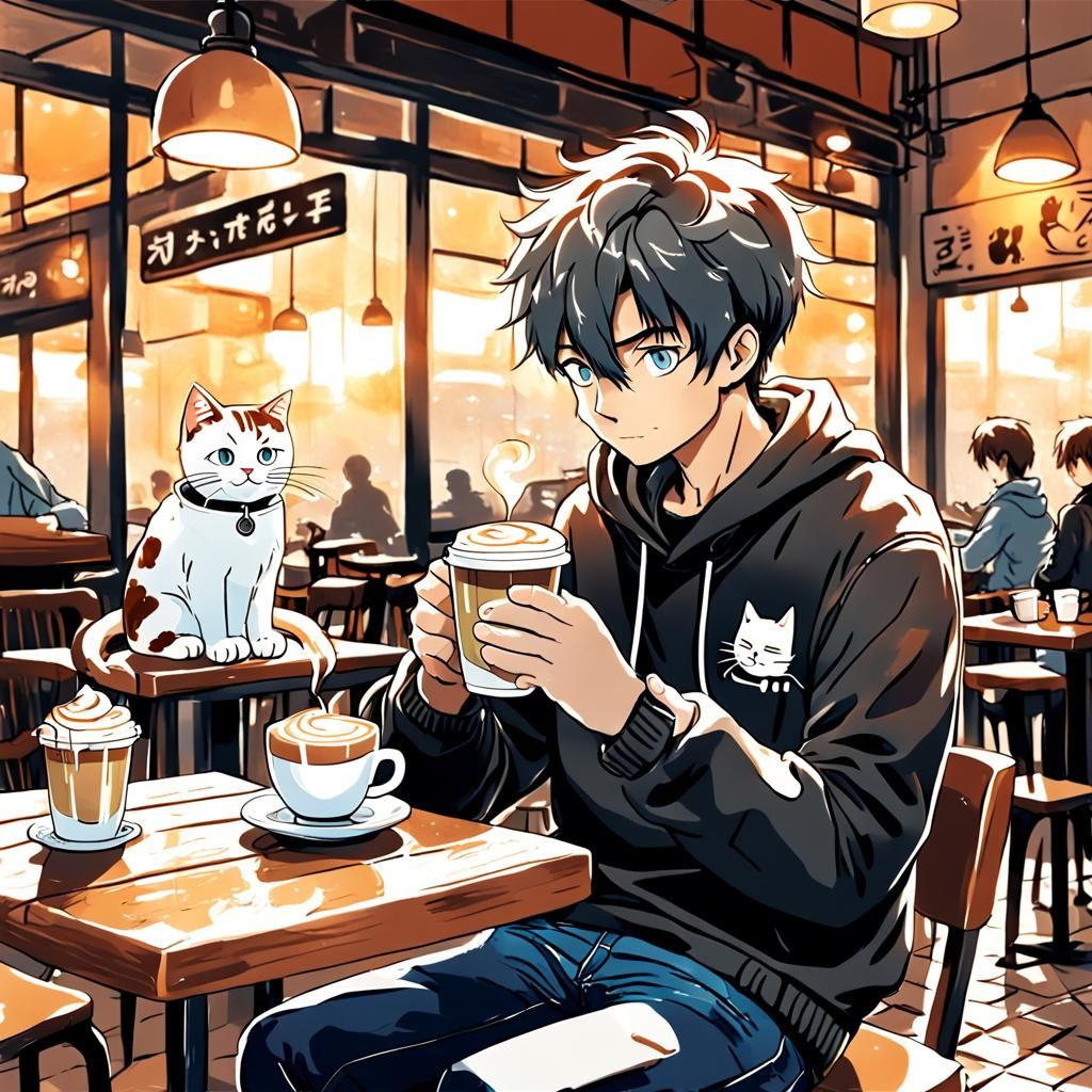 Man and Cat Latte in Anime Style