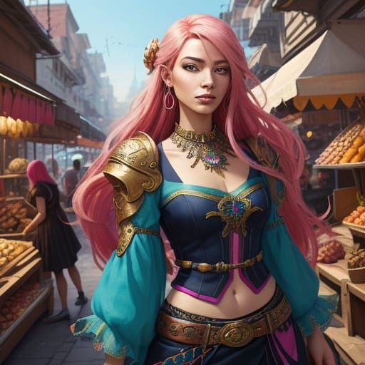 Vibrant Pink-Haired Girl in Bustling Fantasy Marketplace