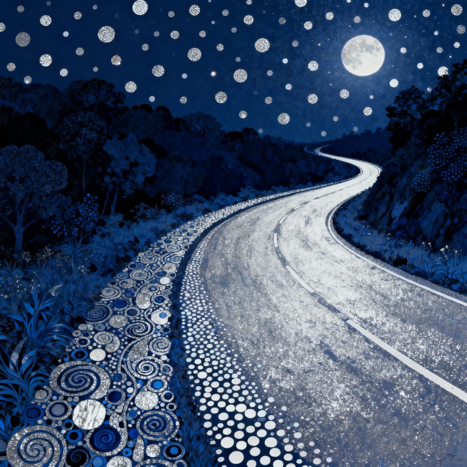 Surreal Pop Art Night Road Painting with Klimt & Kusama Infl...