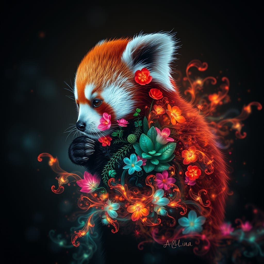 Bioluminescent Red Panda Silhouette in Fractal Bloom