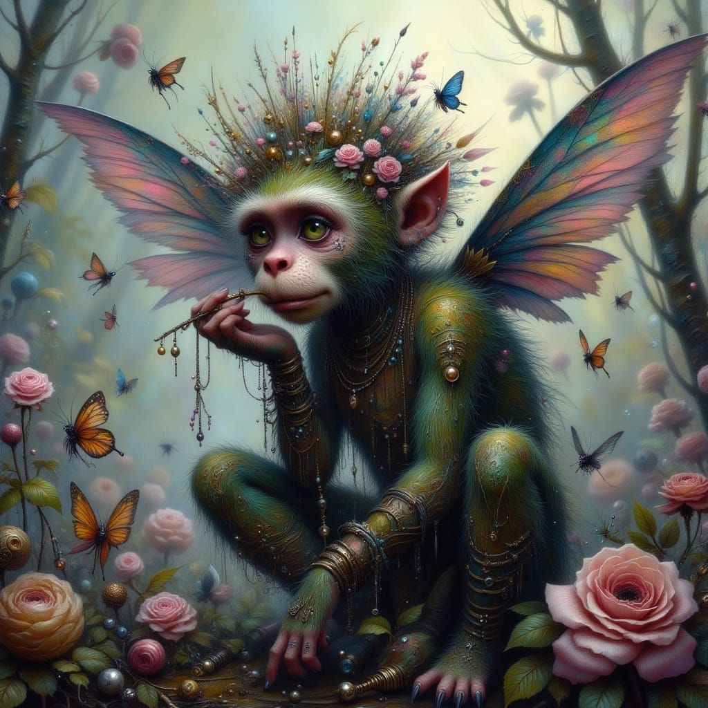 Monkey with Fairy Wings in Sinister Landscape