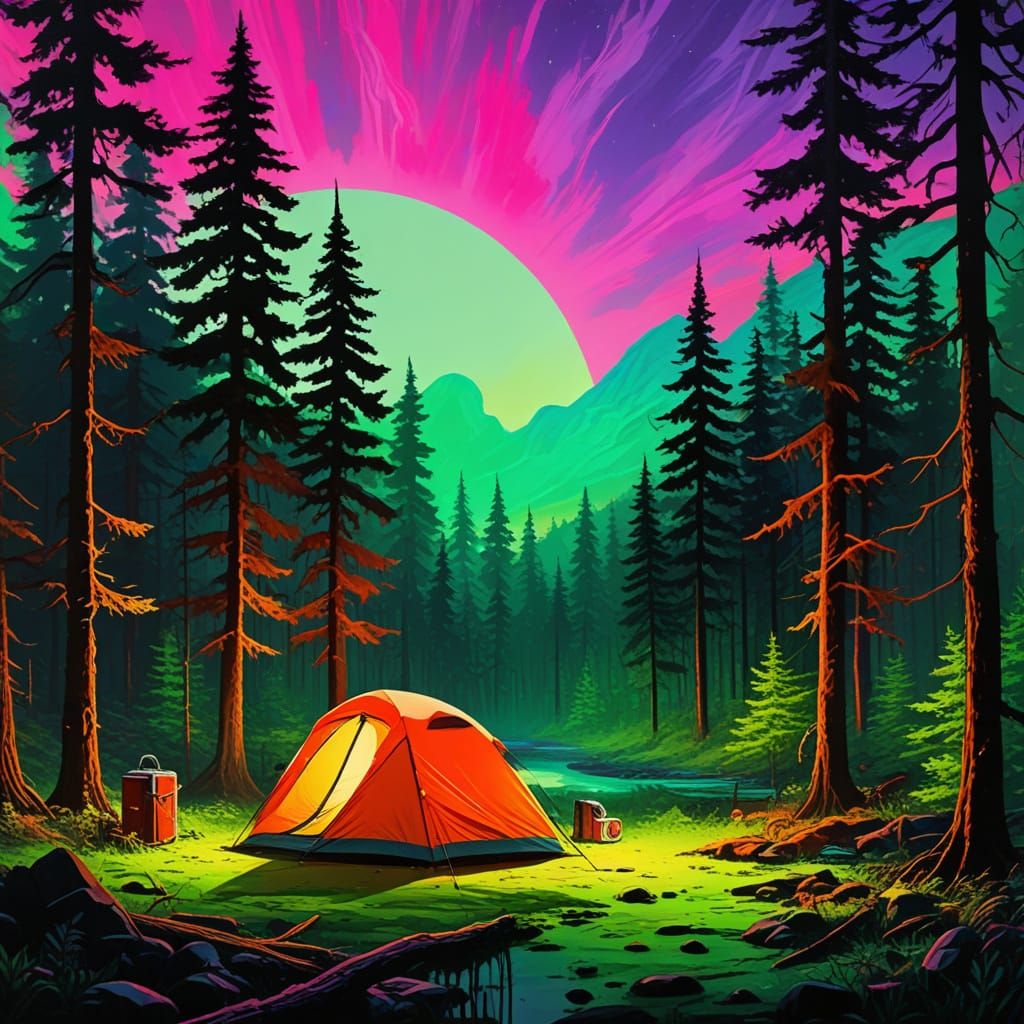 Camping under a neon green sky represented in an oil painting.
