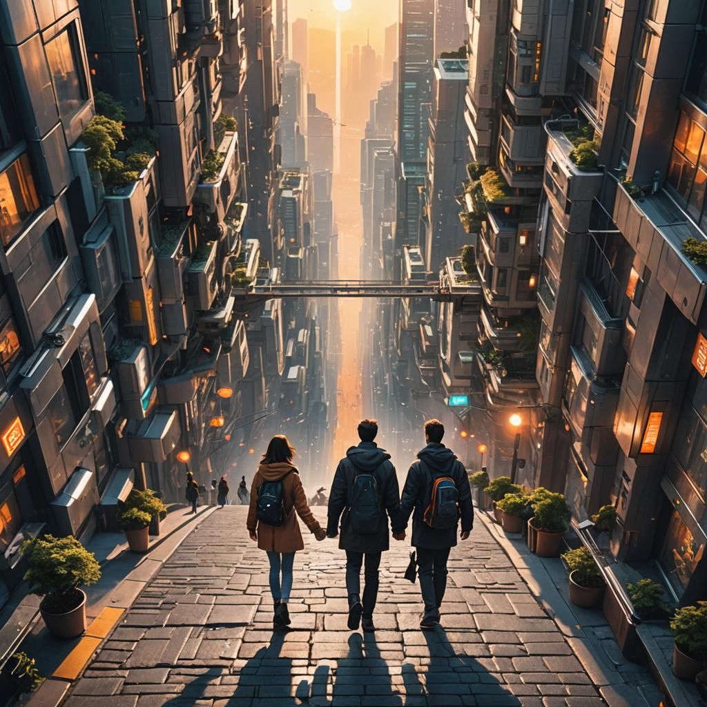 Utopian Sunrise: Couple Gazing in Futuristic City