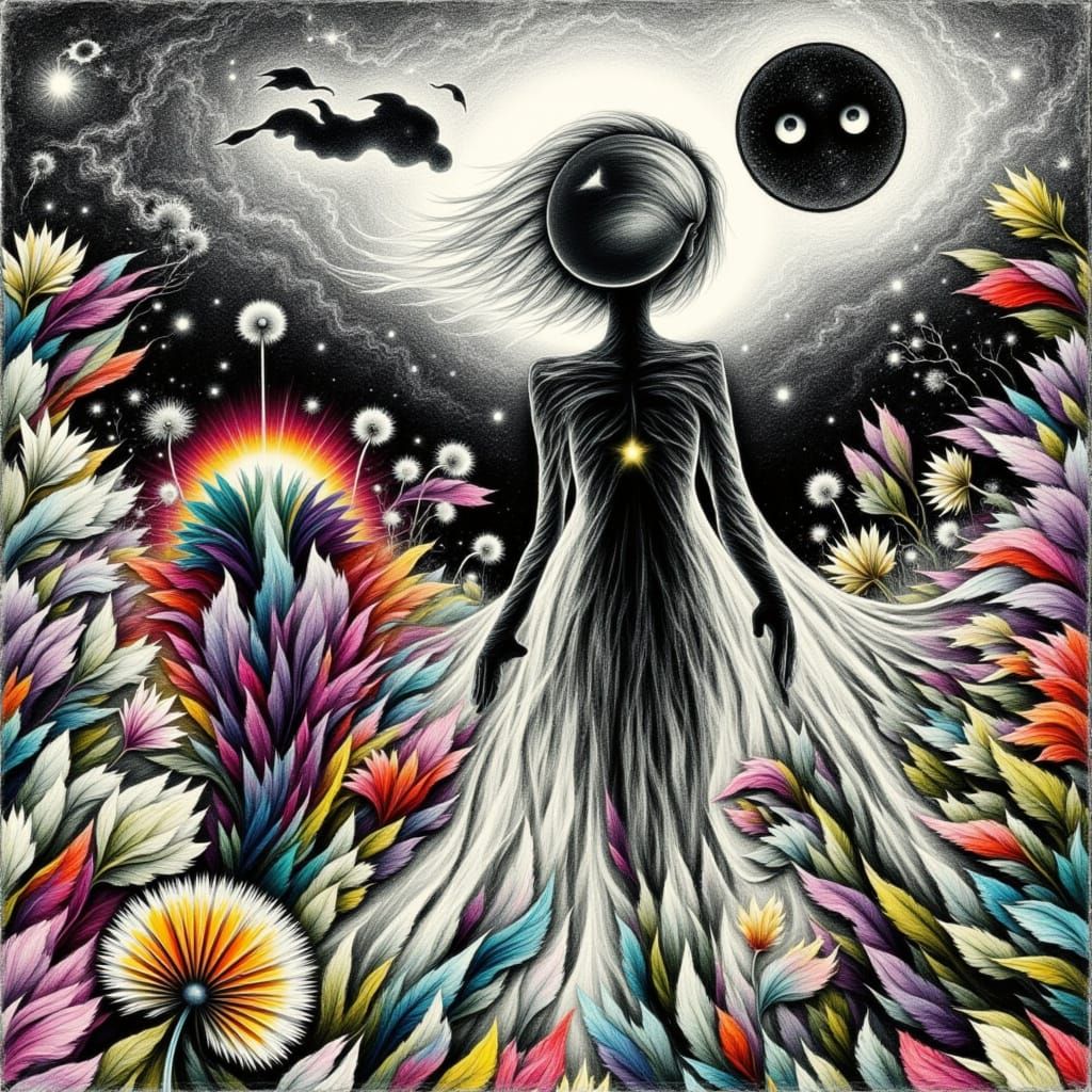 Ethereal Fairy Amidst Ghostly Flowers Under Stormy Sky