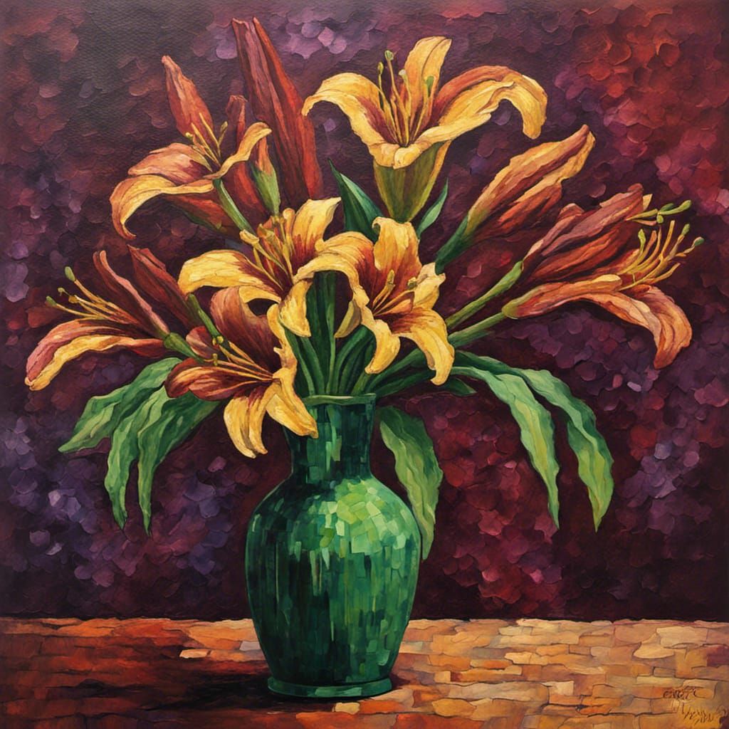 Maroon Day Lillies in Expressionist Oil Painting