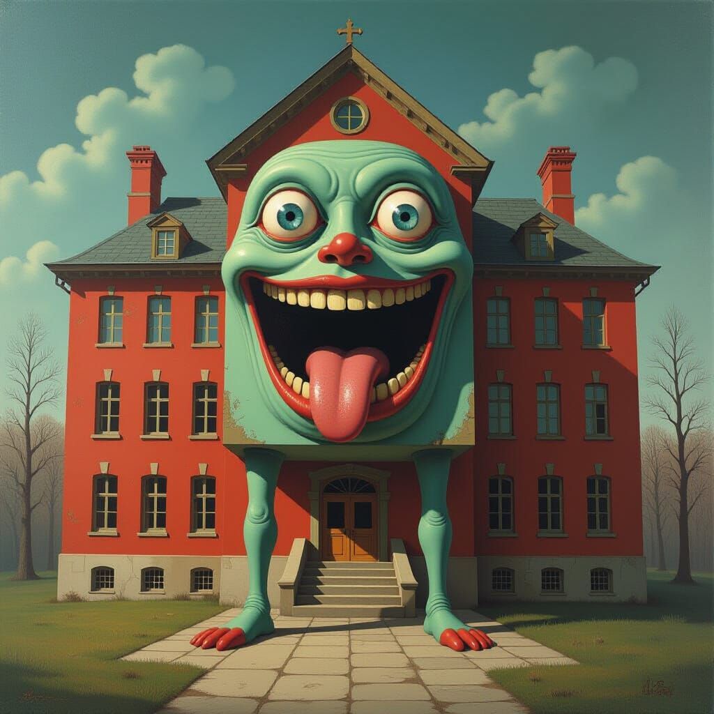 Surreal School Building with Freaky Eyes and Mouth