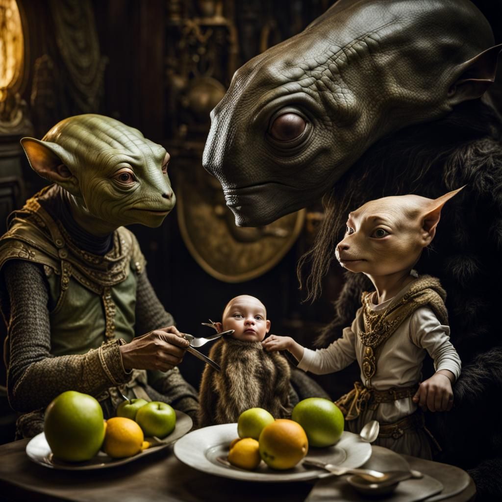 Surreal Restaurant Scene with Beautiful Aliens