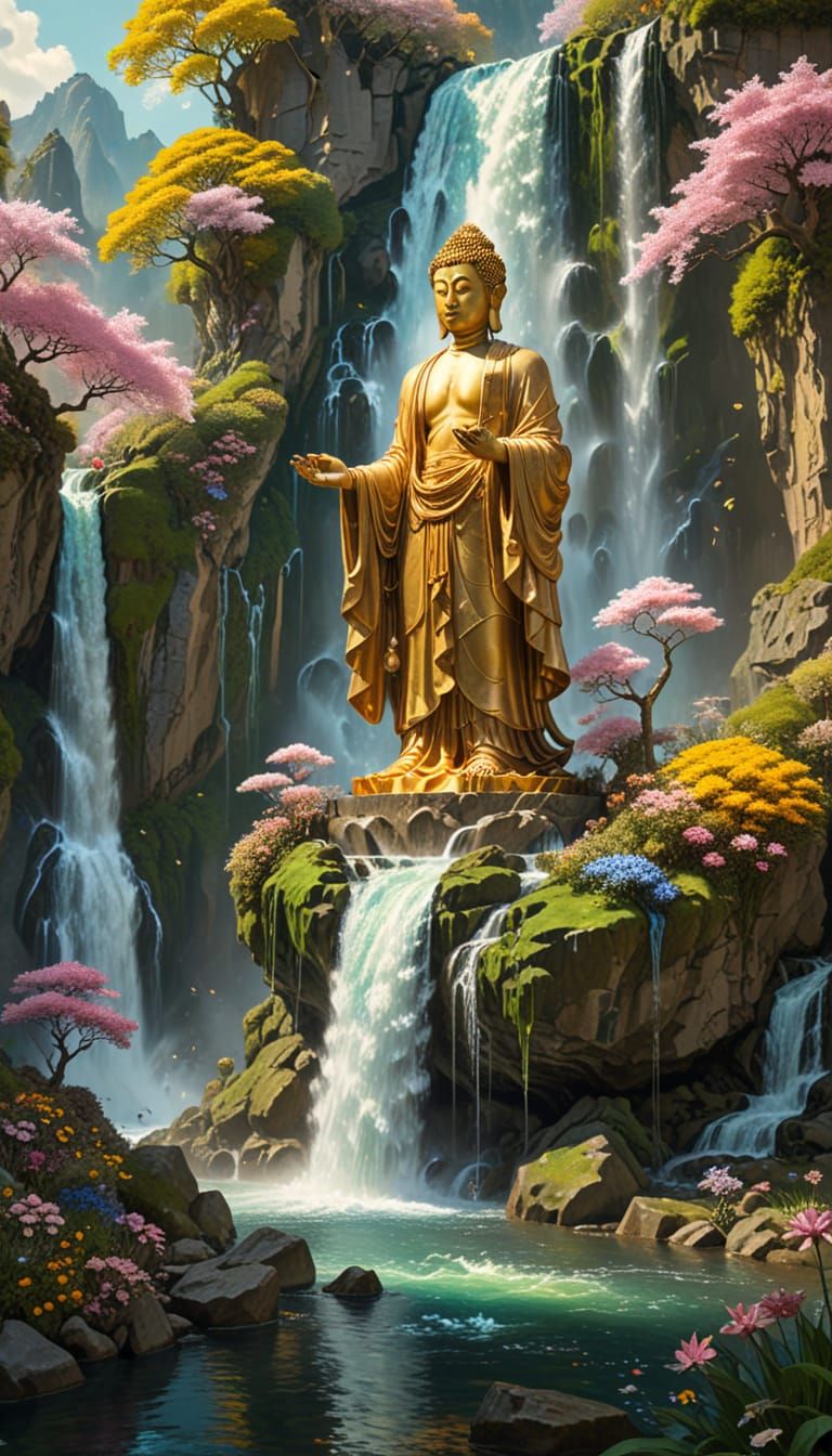 Buddhist Giant in Cosmic Spring Waterfall Landscape