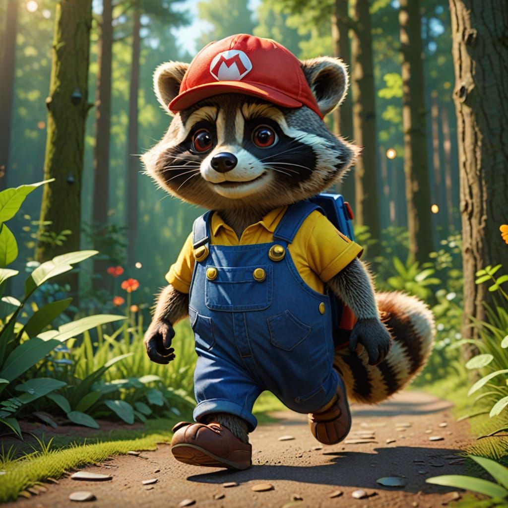 Raccoon as Mario in Pixar-Style 3D Animation