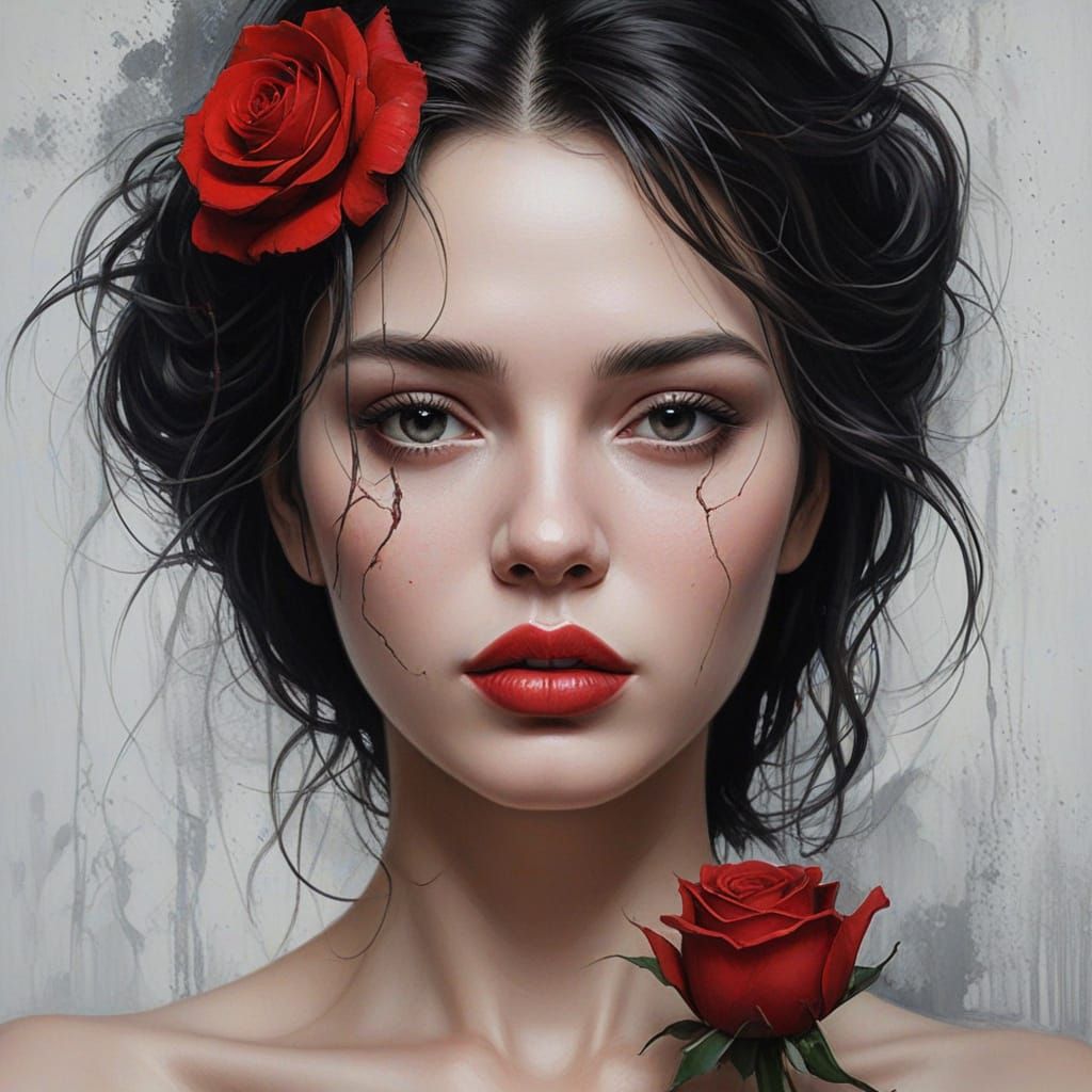 Sorrowful Dark Fantasy Portrait with Red Lips and Rose