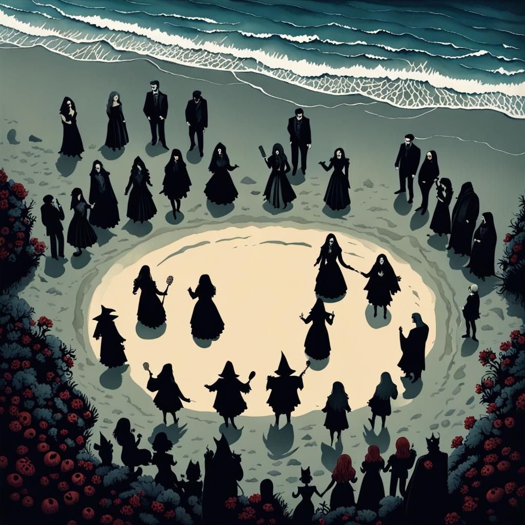 Vintage Watercolor Beach Scene with Gothic Elements