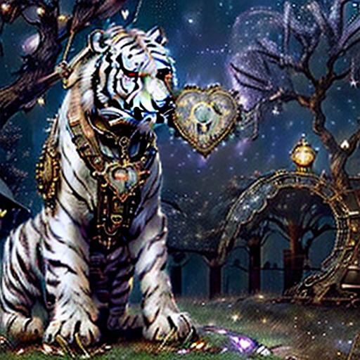 Steampunk White Tiger Under Starry Night Sky