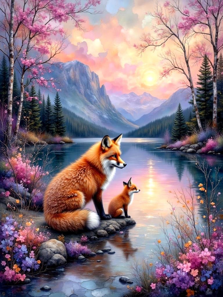 Fox Family by Lake in Ethereal Sunrays