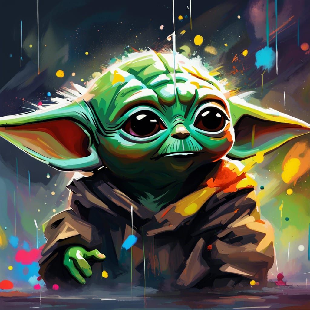 Psychedelic Baby Yoda Concept Art in Color Splash Style