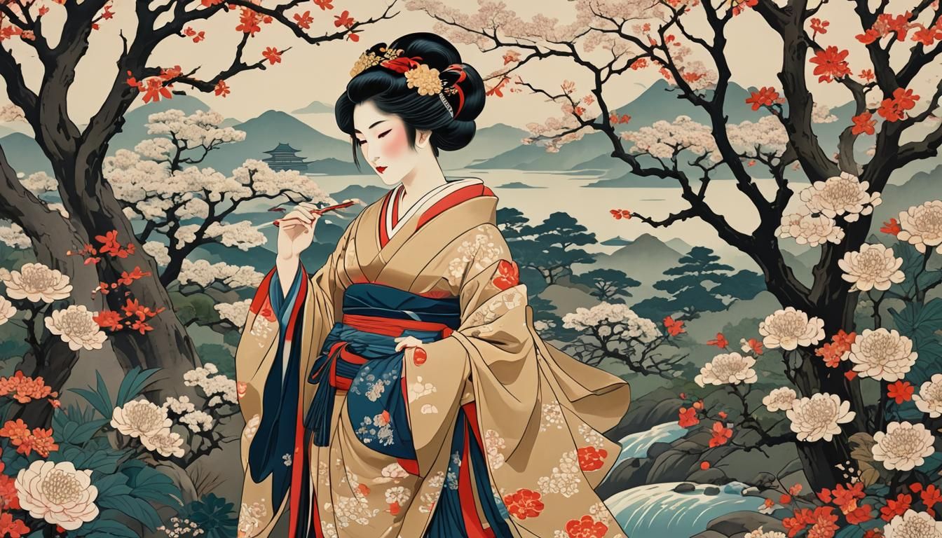 Geisha in Garden: Ukiyo-e Japanese Woodblock Print