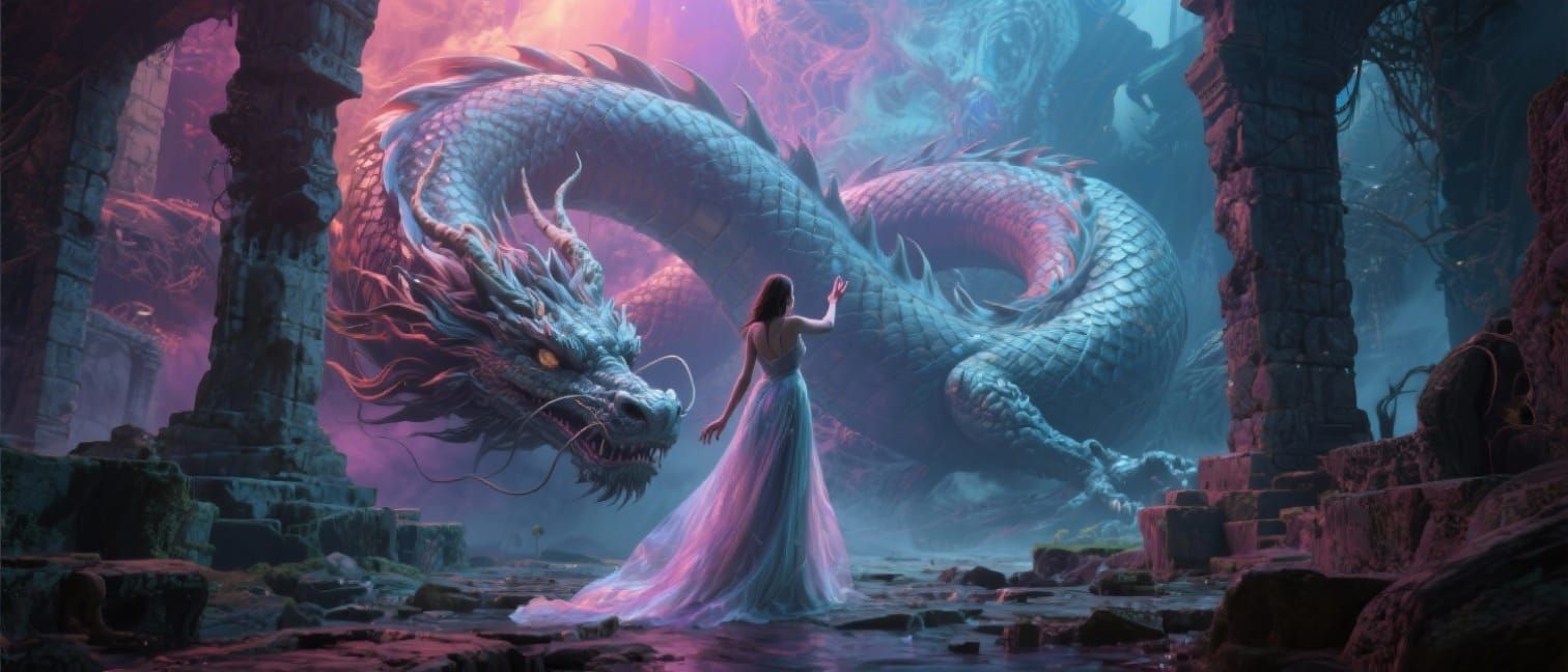 Fearless Woman Awakens Colossal Dragon in Surreal Ruins