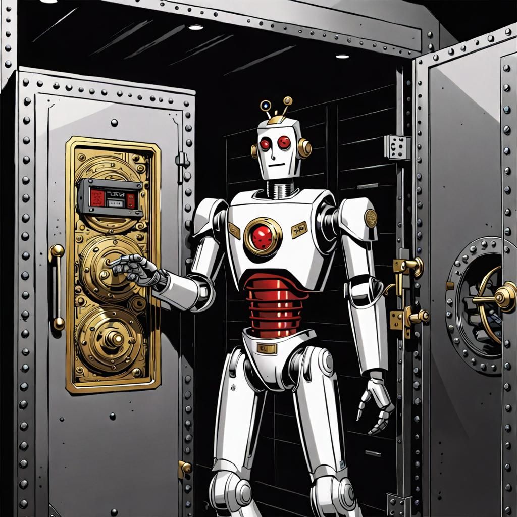 Robot Detective in Bank Vault, 1950s Comic Style